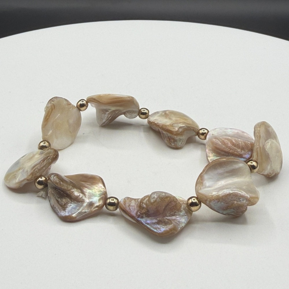 Iridescent Mother of Pearl Shell Bracelet Gold Tone Beads Boho Coastal Gift